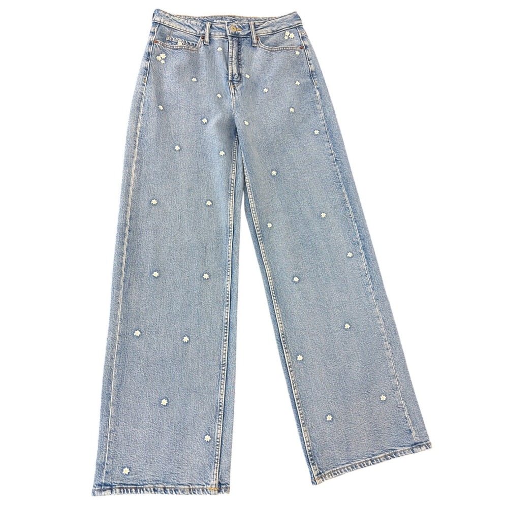 Old Navy Sky-Hi Wide Leg Daisy Embroidered Jeans Light Wash Floral 4 584128-00